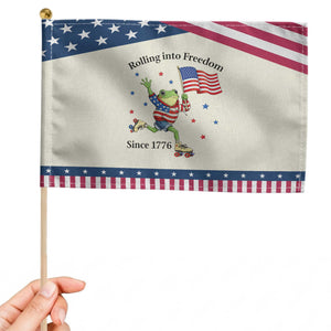 Funny Patriotic Frog Patriotic Handheld Flag Rolling Into Freedom Since 1776 TS12 Modern 8.2" × 5.5" Beige Blue Print Your Wear