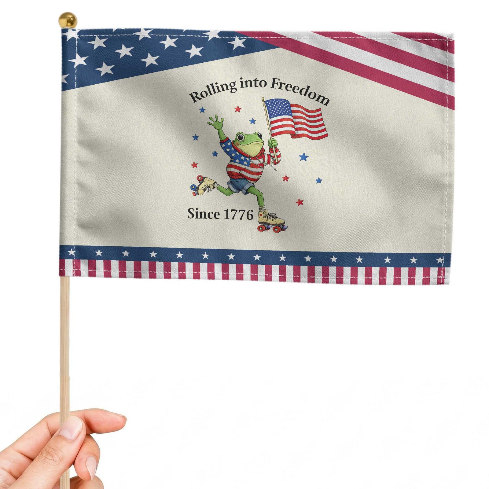 Funny Patriotic Frog Patriotic Handheld Flag Rolling Into Freedom Since 1776 TS12 Modern 8.2