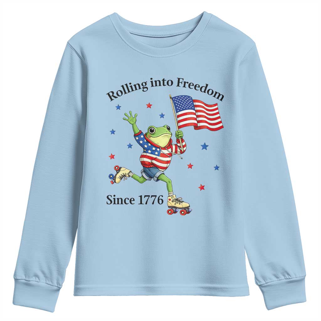 Funny Patriotic Frog Youth Sweatshirt Rolling Into Freedom Since 1776 TS12 Light Blue Print Your Wear
