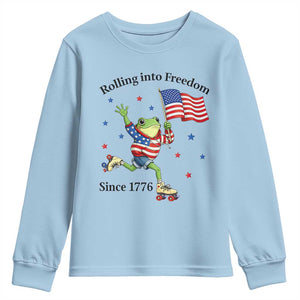 Funny Patriotic Frog Youth Sweatshirt Rolling Into Freedom Since 1776 TS12 Light Blue Print Your Wear