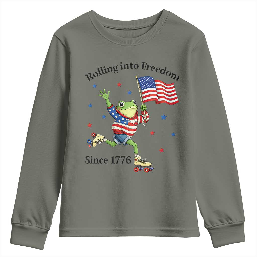 Funny Patriotic Frog Youth Sweatshirt Rolling Into Freedom Since 1776 TS12 Military Green Print Your Wear