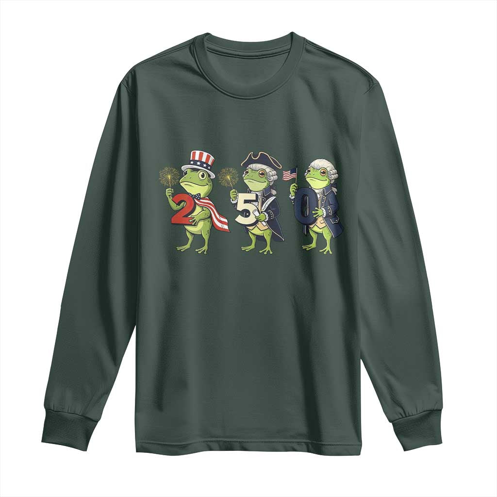 Proud American Frog Long Sleeve Shirt Celebrating 250 Years Of Freedom TS12 Dark Forest Green Print Your Wear