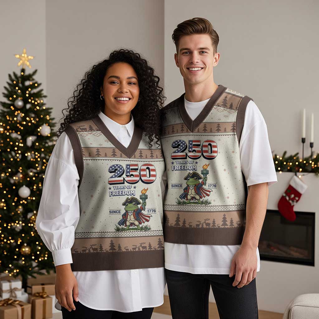Patriotic Frog Raising The Torch V-Neck Knit Sweater Vest 250 Years Of Freedom TS12 Mocha Mousse Print Your Wear