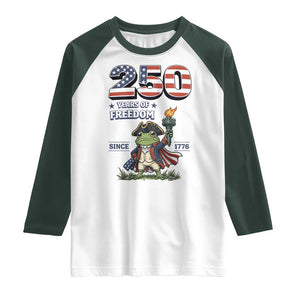 Patriotic Frog Raising The Torch Raglan Shirt 250 Years Of Freedom TS12 White Dark Forest Green Print Your Wear