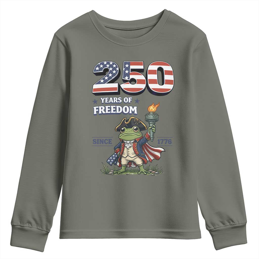 Patriotic Frog Raising The Torch Youth Sweatshirt 250 Years Of Freedom TS12 Military Green Print Your Wear