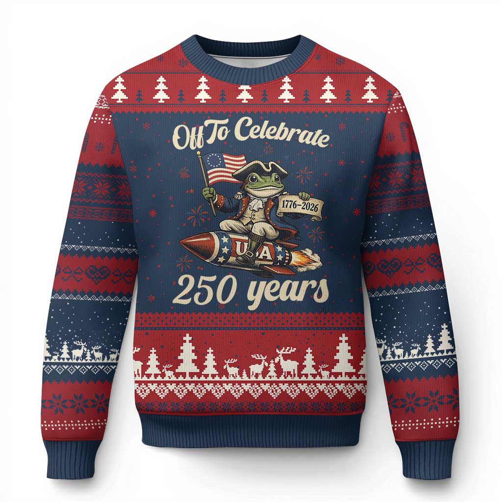 Funny Frog Off To Celebrate 250 Years Of Freedom Ugly Christmas Sweater Patriotic Gift TS12 Navy Red Print Your Wear