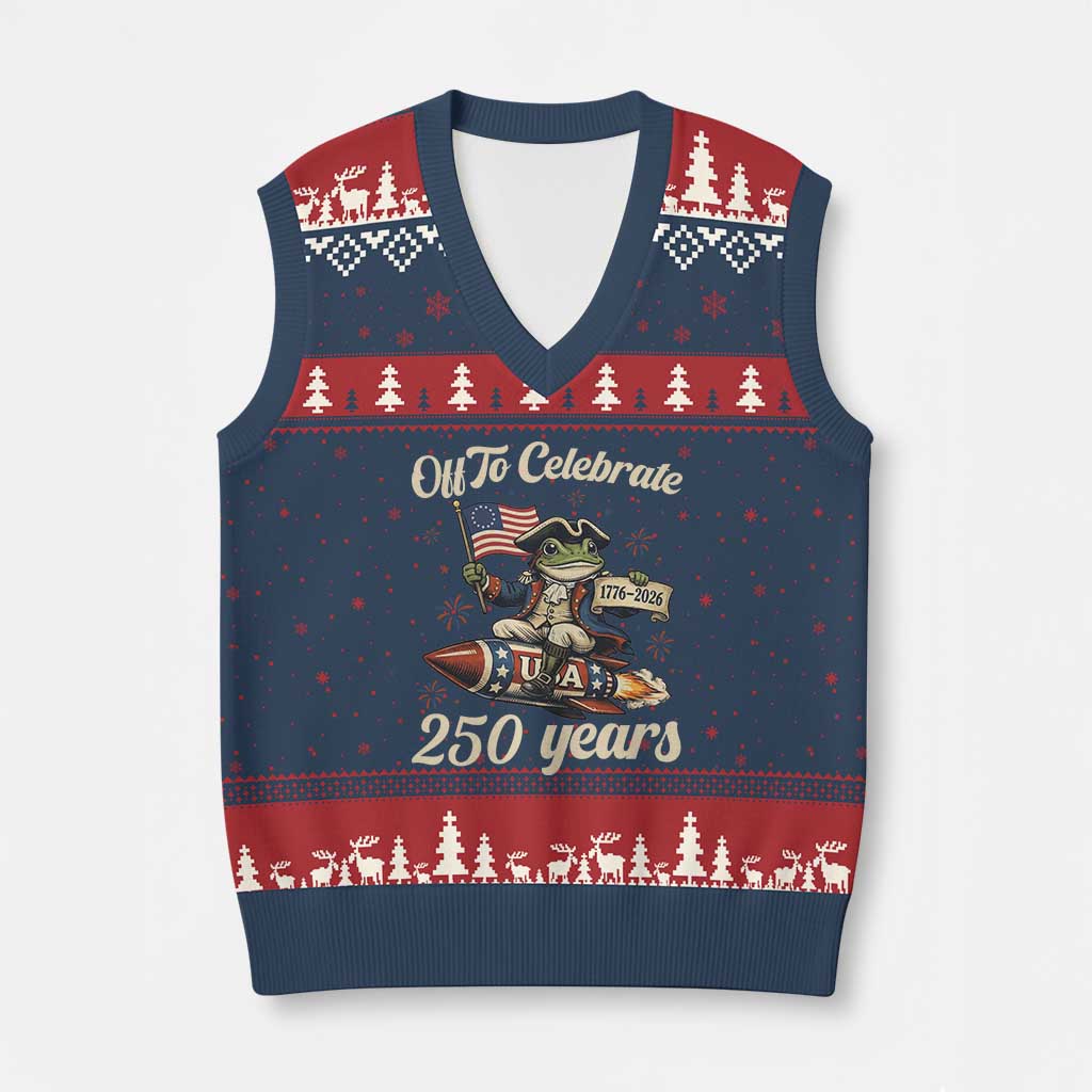 Funny Frog Off To Celebrate 250 Years Of Freedom V-Neck Knit Sweater Vest Patriotic Gift TS12 Navy Red Print Your Wear