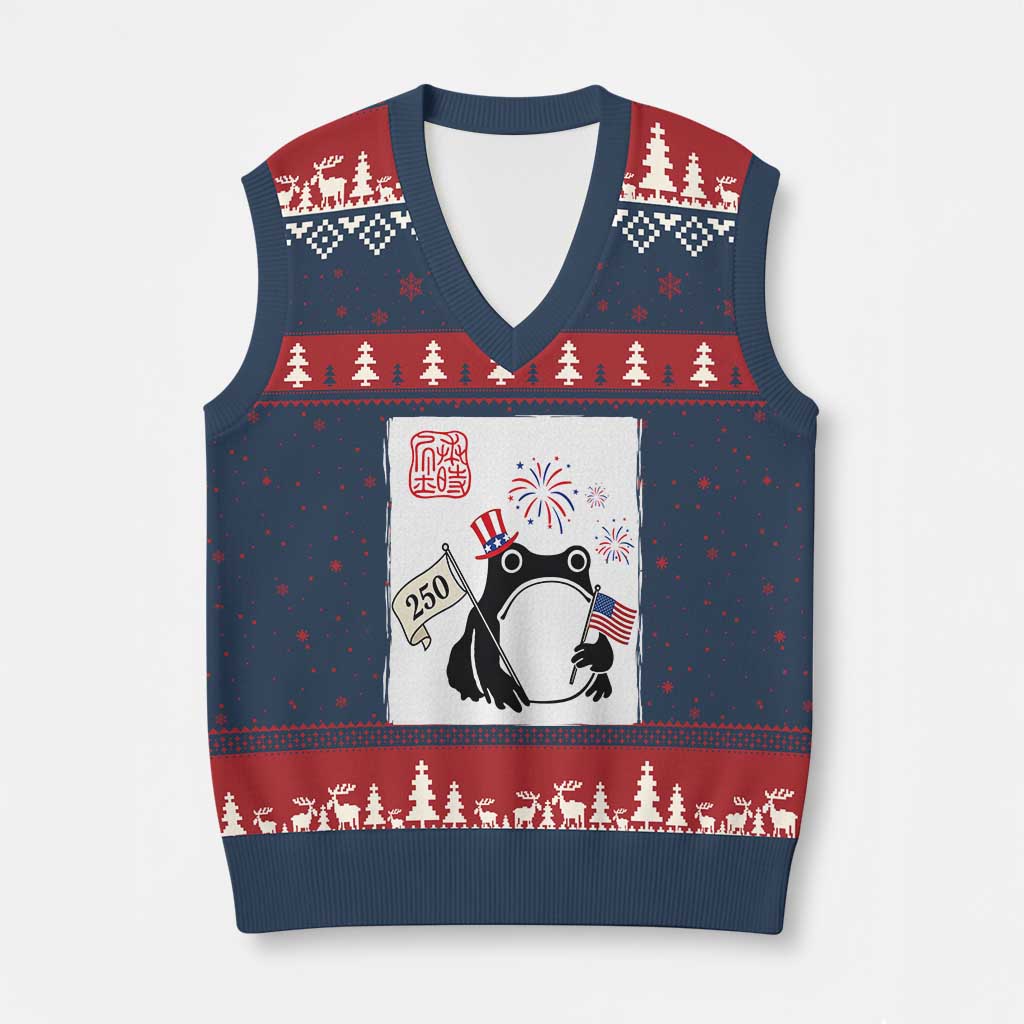 Funny Patriotic Grumpy Frog 250th Anniversary USA V-Neck Knit Sweater Vest TS12 Navy Red Print Your Wear
