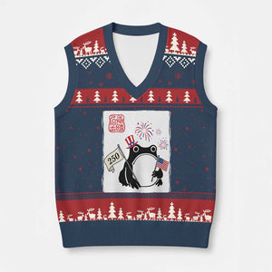 Funny Patriotic Grumpy Frog 250th Anniversary USA V-Neck Knit Sweater Vest TS12 Navy Red Print Your Wear