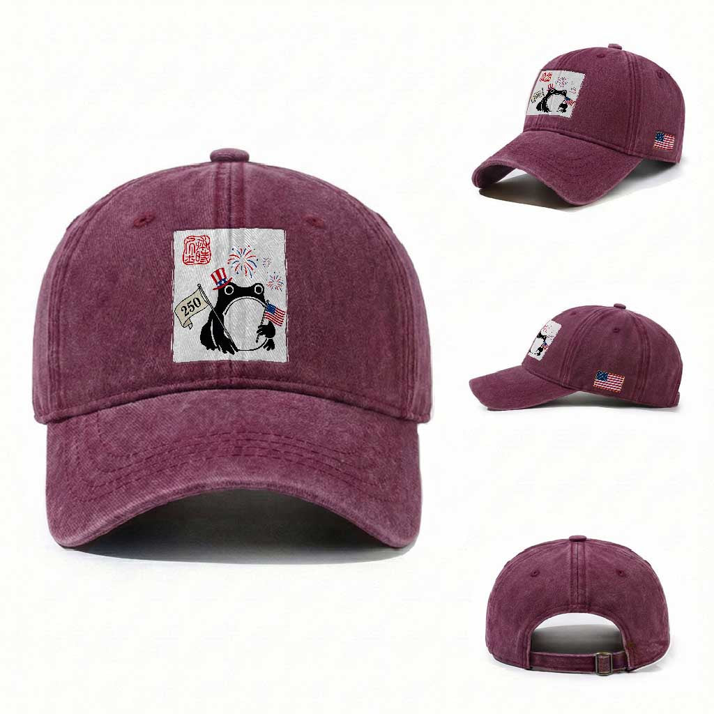 Funny Patriotic Grumpy Frog 250th Anniversary USA Washed Cotton Baseball Cap TS12 Washed Cap Universal Fit Burgundy Print Your Wear