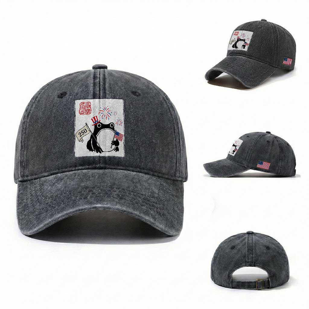 Funny Patriotic Grumpy Frog 250th Anniversary USA Washed Cotton Baseball Cap TS12 Washed Cap Universal Fit Dark Gray Print Your Wear