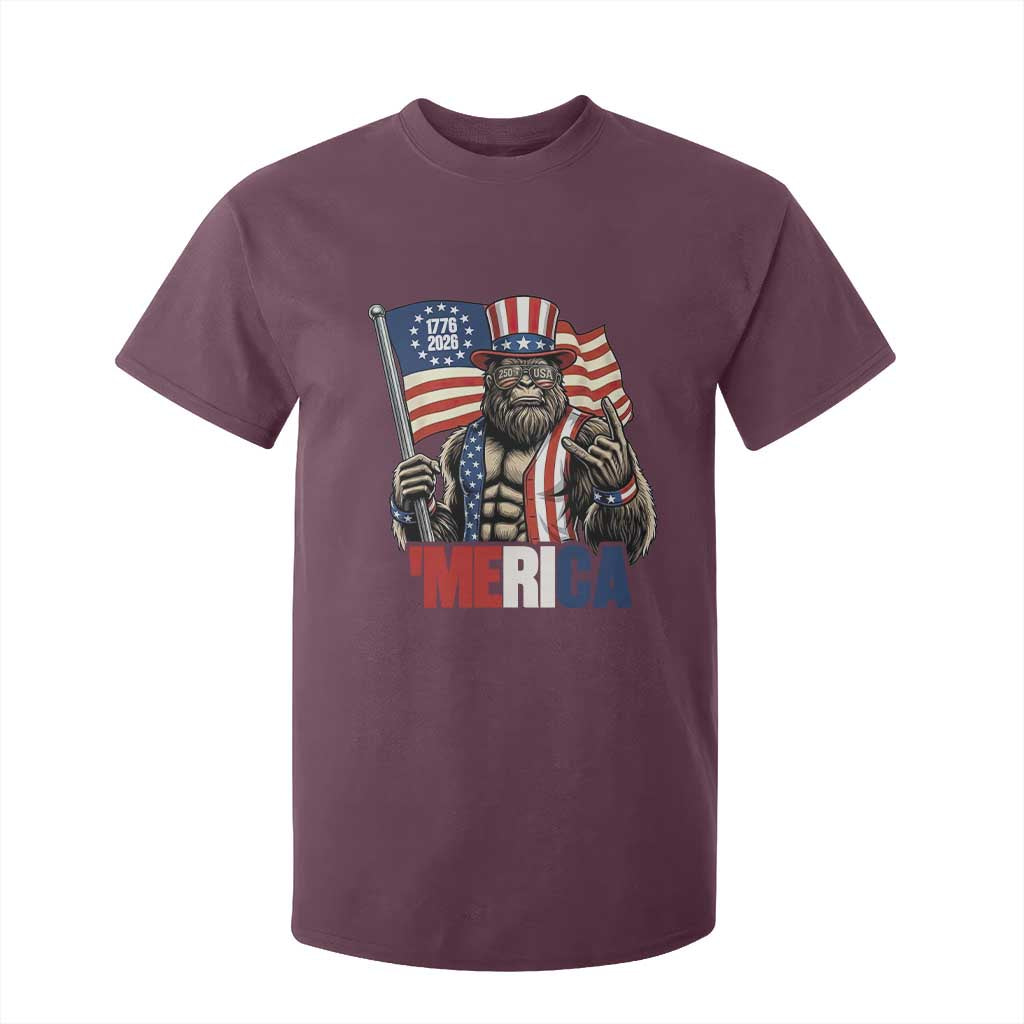Funny Patriotic Bigfoot Merica Rock T Shirt For Kid USA 250th Anniversary TS12 Maroon Print Your Wear