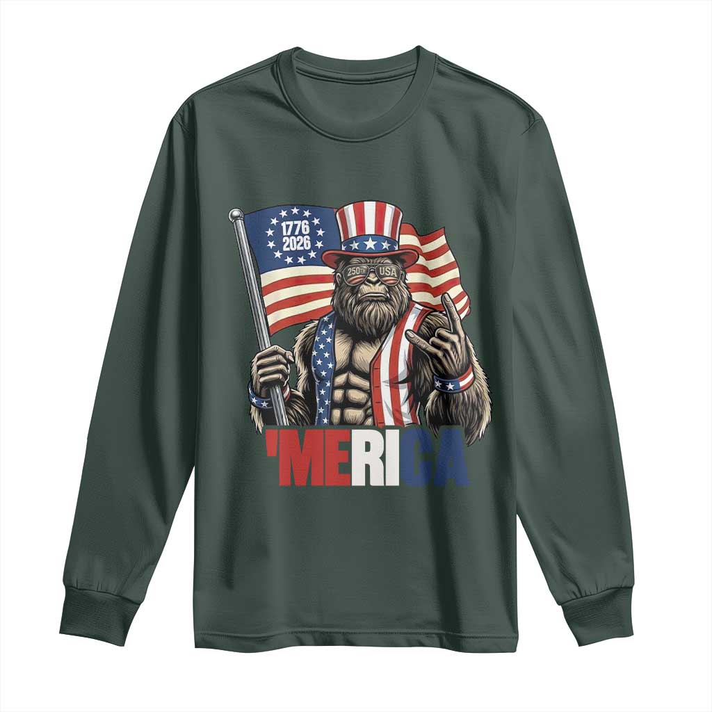 Funny Patriotic Bigfoot Merica Rock Long Sleeve Shirt USA 250th Anniversary TS12 Dark Forest Green Print Your Wear