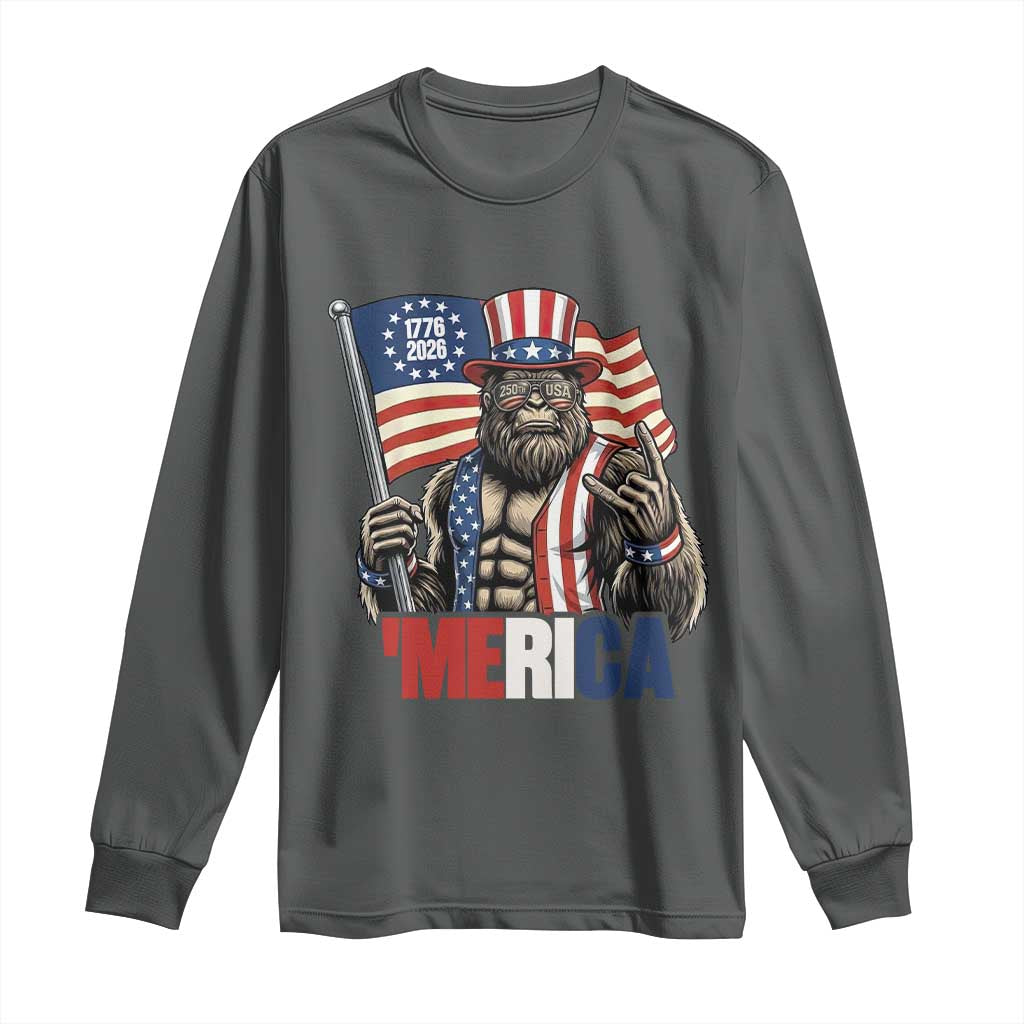 Funny Patriotic Bigfoot Merica Rock Long Sleeve Shirt USA 250th Anniversary TS12 Dark Heather Print Your Wear