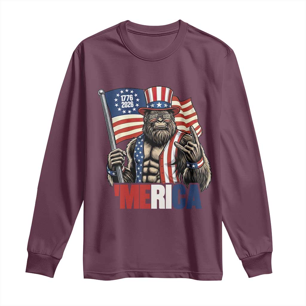 Funny Patriotic Bigfoot Merica Rock Long Sleeve Shirt USA 250th Anniversary TS12 Maroon Print Your Wear