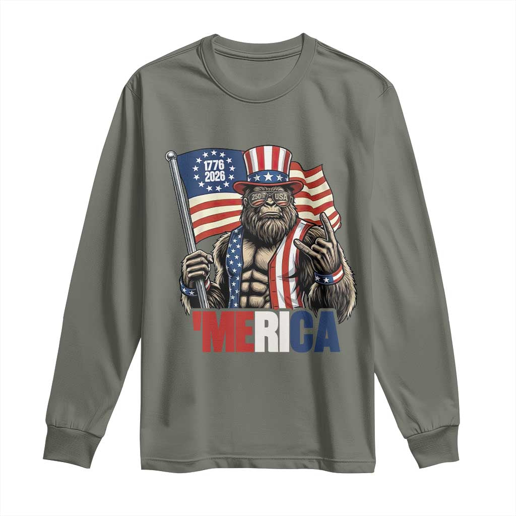 Funny Patriotic Bigfoot Merica Rock Long Sleeve Shirt USA 250th Anniversary TS12 Military Green Print Your Wear