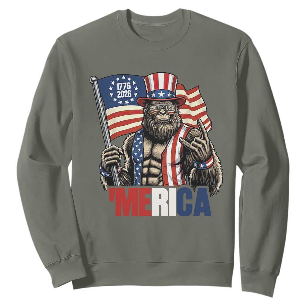 Funny Patriotic Bigfoot Merica Rock Sweatshirt USA 250th Anniversary TS12 Military Green Print Your Wear