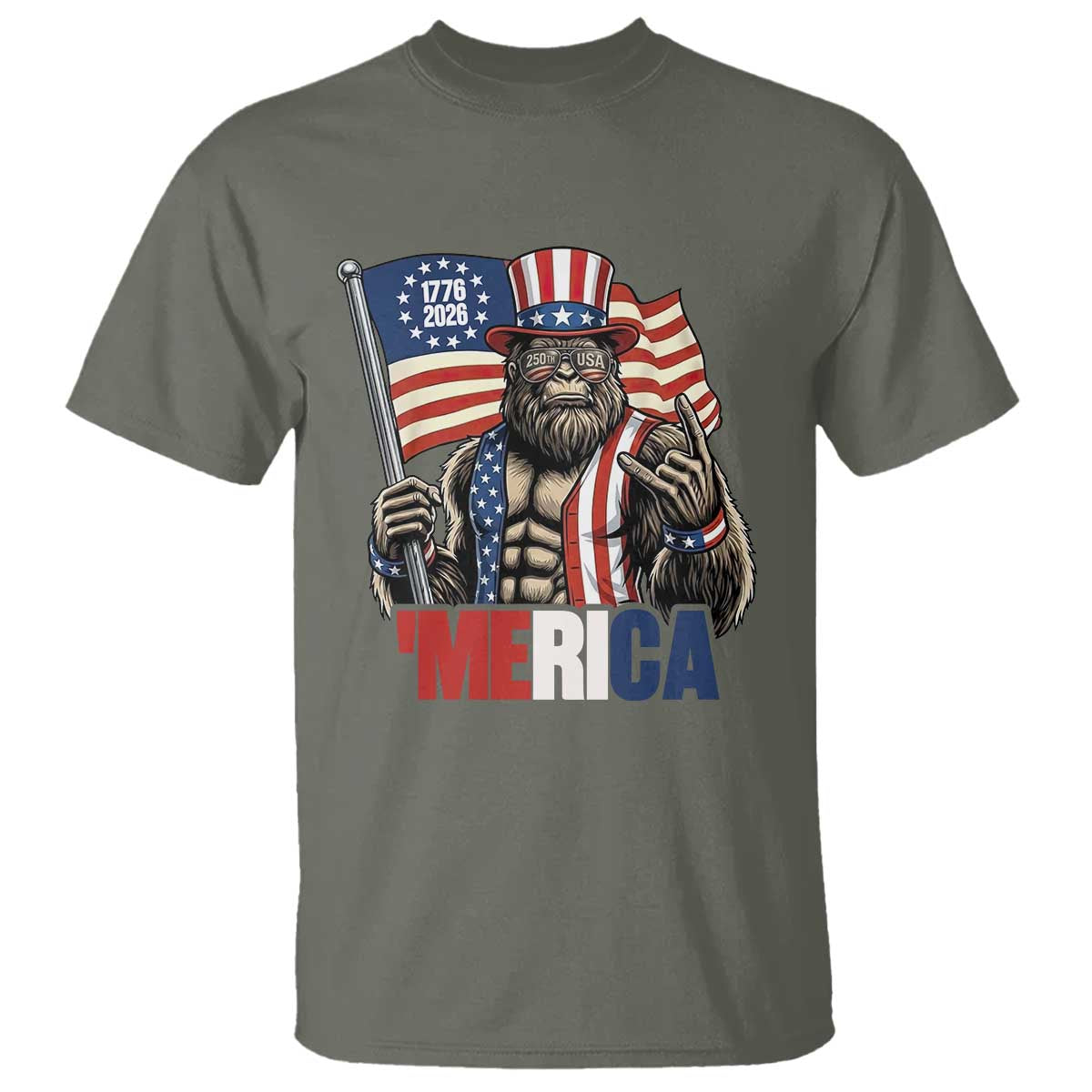 Funny Patriotic Bigfoot Merica Rock T Shirt USA 250th Anniversary TS12 Military Green Print Your Wear