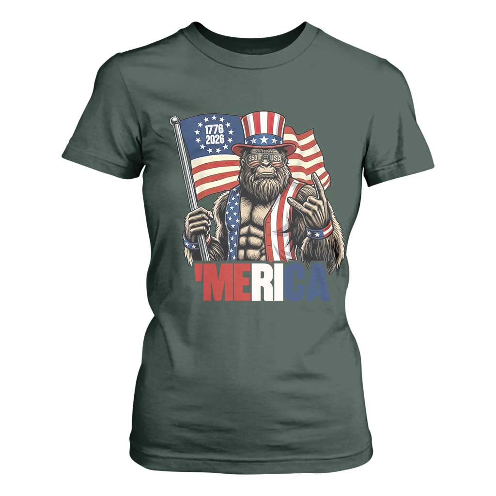 Funny Patriotic Bigfoot Merica Rock T Shirt For Women USA 250th Anniversary TS12 Dark Forest Green Print Your Wear