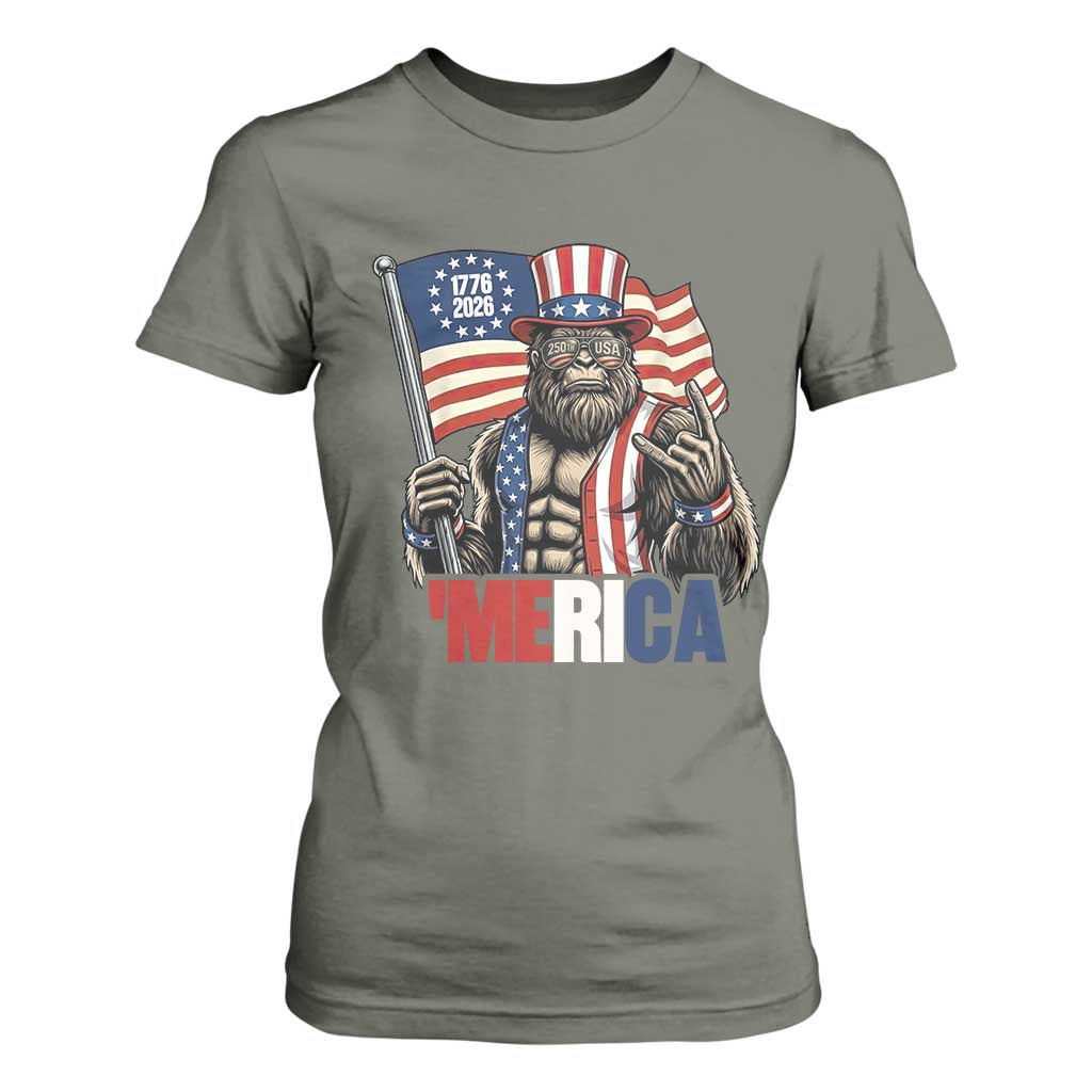 Funny Patriotic Bigfoot Merica Rock T Shirt For Women USA 250th Anniversary TS12 Military Green Print Your Wear