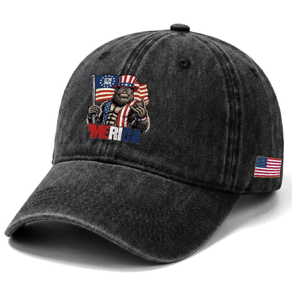 Funny Patriotic Bigfoot Merica Rock Washed Cotton Baseball Cap USA 250th Anniversary TS12 Print Your Wear