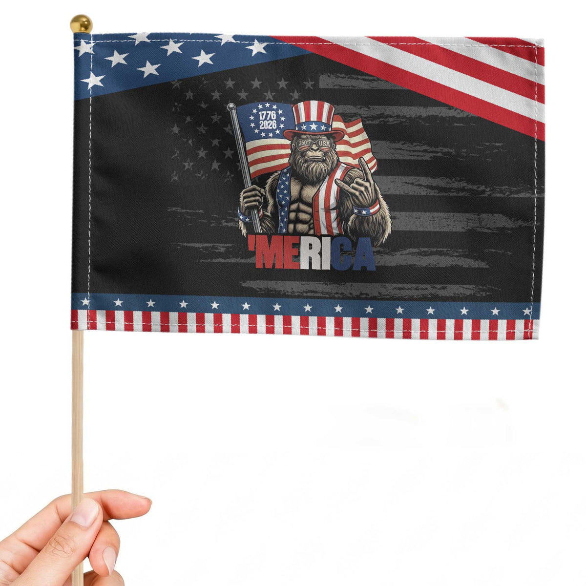 Funny Patriotic Bigfoot Merica Rock Patriotic Handheld Flag USA 250th Anniversary TS12 Distressed 8.2