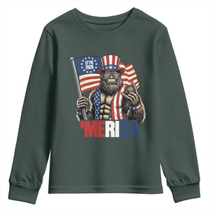 Funny Patriotic Bigfoot Merica Rock Youth Sweatshirt USA 250th Anniversary TS12 Dark Forest Green Print Your Wear