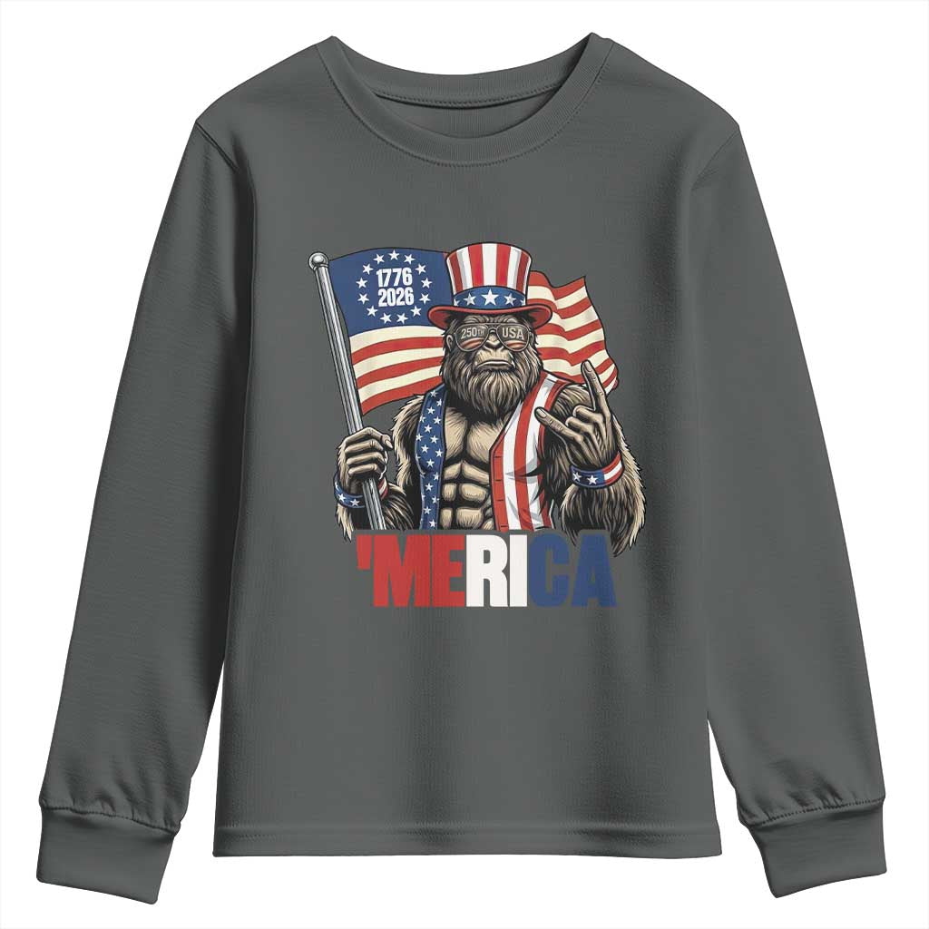 Funny Patriotic Bigfoot Merica Rock Youth Sweatshirt USA 250th Anniversary TS12 Dark Heather Print Your Wear