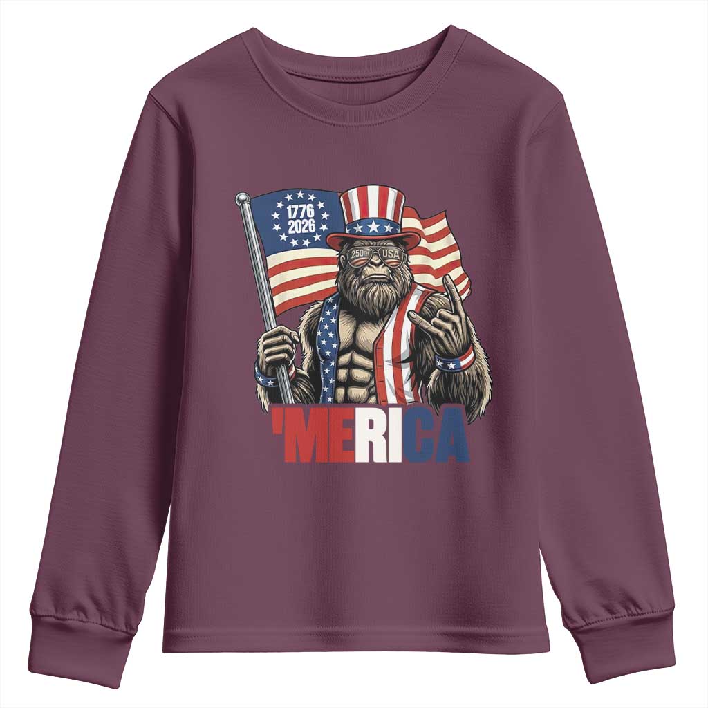 Funny Patriotic Bigfoot Merica Rock Youth Sweatshirt USA 250th Anniversary TS12 Maroon Print Your Wear