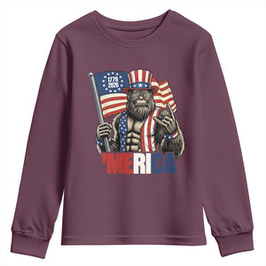 Funny Patriotic Bigfoot Merica Rock Youth Sweatshirt USA 250th Anniversary TS12 Maroon Print Your Wear