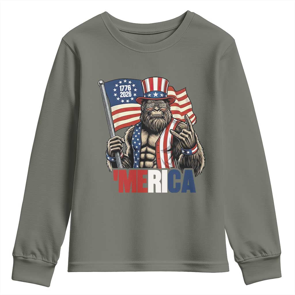 Funny Patriotic Bigfoot Merica Rock Youth Sweatshirt USA 250th Anniversary TS12 Military Green Print Your Wear