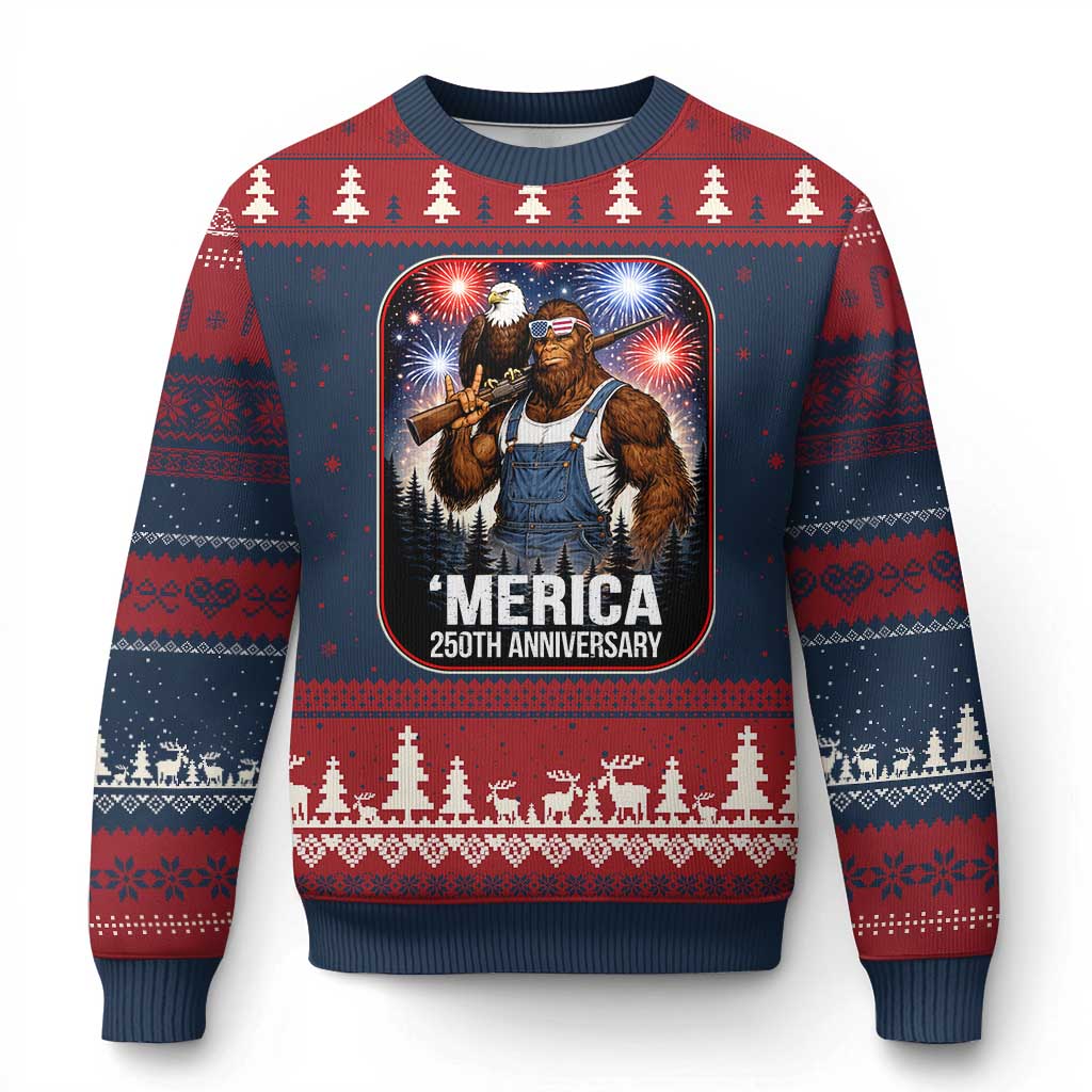 Funny Bigfoot America 250 Years Of American Freedom Ugly Christmas Sweater TS12 Navy Red Print Your Wear