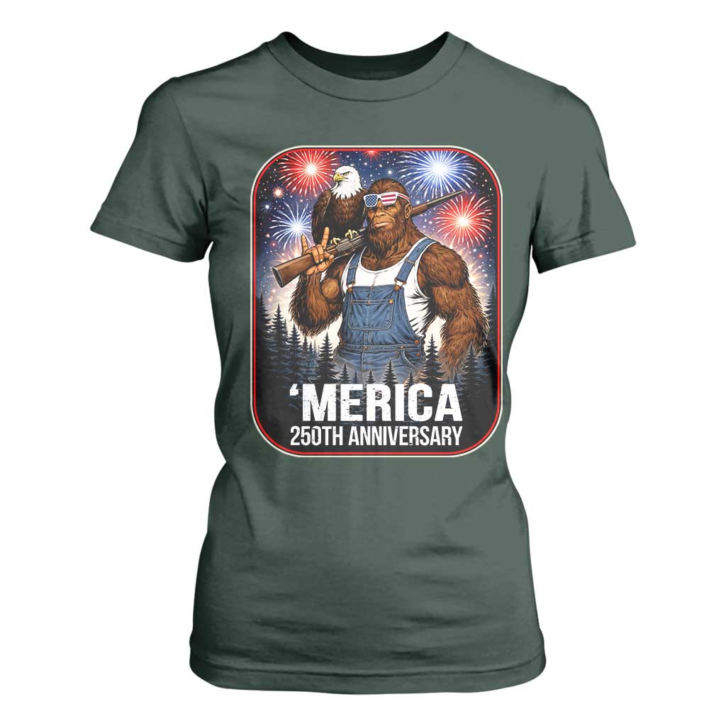 Funny Bigfoot America 250 Years Of American Freedom T Shirt For Women TS12 Dark Forest Green Print Your Wear