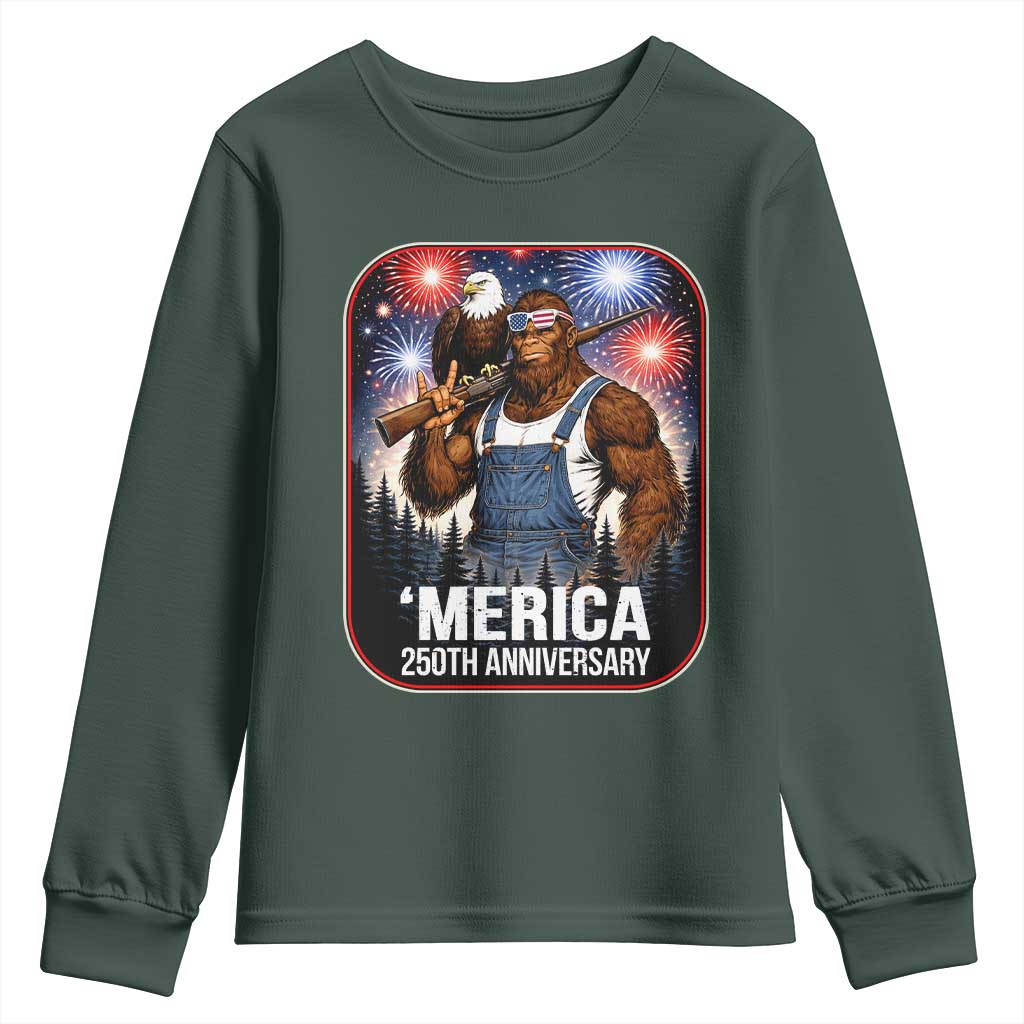 Funny Bigfoot America 250 Years Of American Freedom Youth Sweatshirt TS12 Dark Forest Green Print Your Wear
