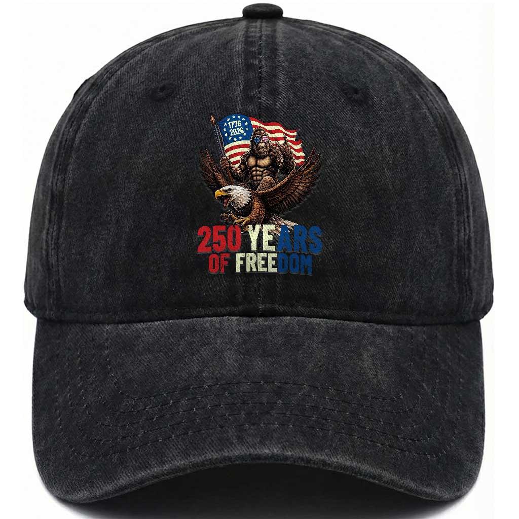 Funny Patriotic Bigfoot Washed Cotton Baseball Cap 250 Years Of American Freedom TS12 Washed Cap Universal Fit Black Print Your Wear