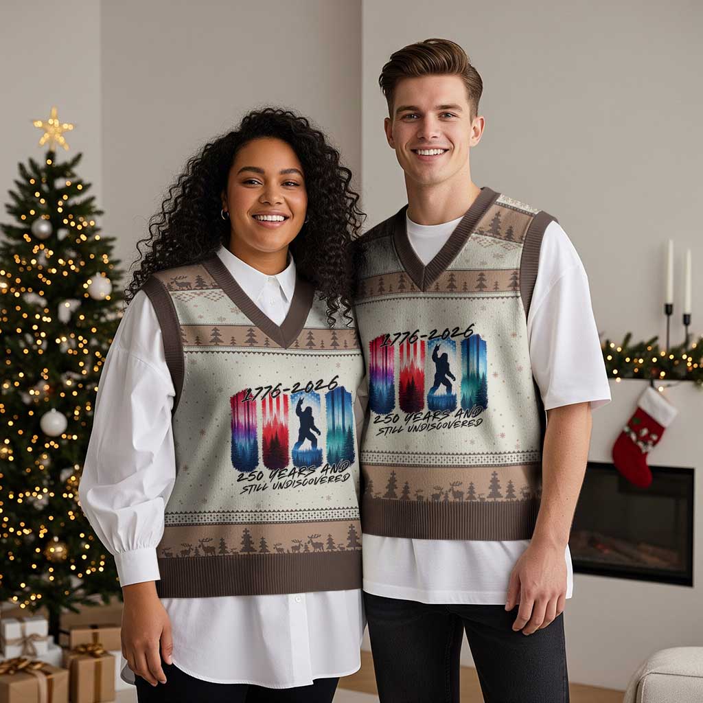 Funny Patriotic Bigfoot V-Neck Knit Sweater Vest 250 Years And Still Undiscovered TS12 Mocha Mousse Print Your Wear
