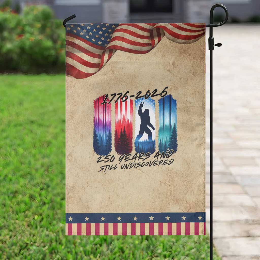Funny Patriotic Bigfoot Garden Flag 250 Years And Still Undiscovered TS12 Vintage Rustic Tan Navy Print Your Wear