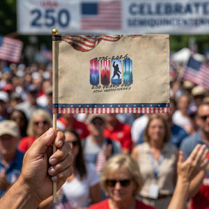 Funny Patriotic Bigfoot Patriotic Handheld Flag 250 Years And Still Undiscovered TS12 Vintage 8.2" × 5.5" Rustic Tan Navy Print Your Wear