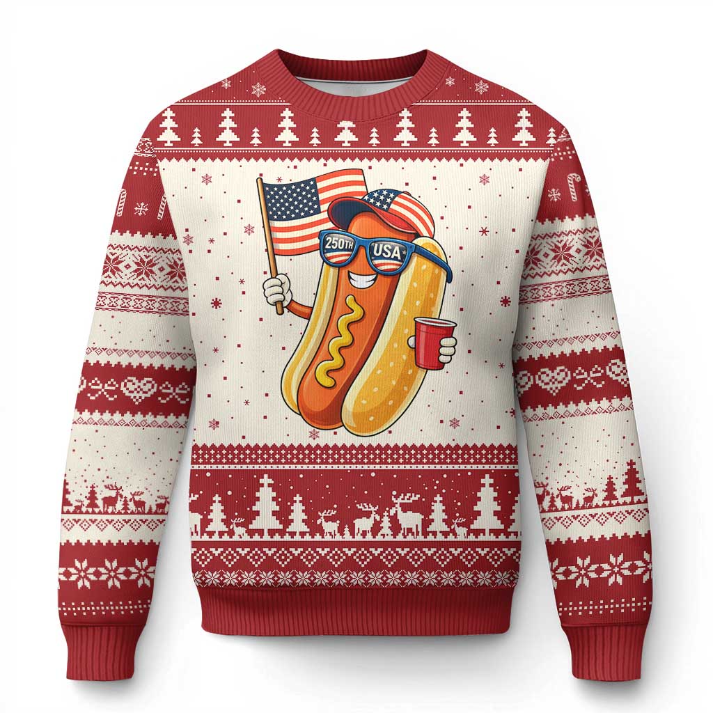 Funny Patriotic Hotdog Ugly Christmas Sweater USA 250th Anniversary TS12 Beige Red Print Your Wear