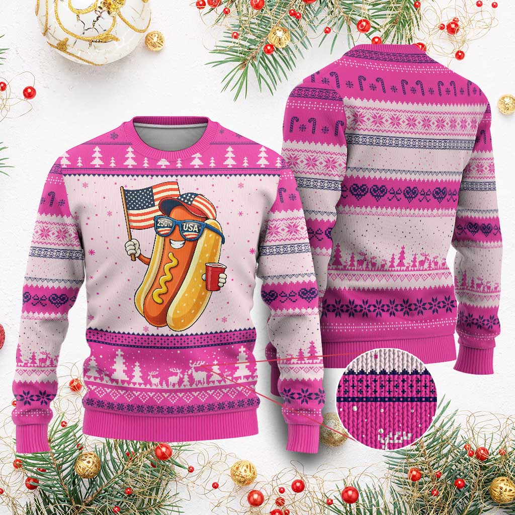 Funny Patriotic Hotdog Ugly Christmas Sweater USA 250th Anniversary TS12 Hot Pink Print Your Wear