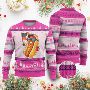 Funny Patriotic Hotdog Ugly Christmas Sweater USA 250th Anniversary TS12 Hot Pink Print Your Wear