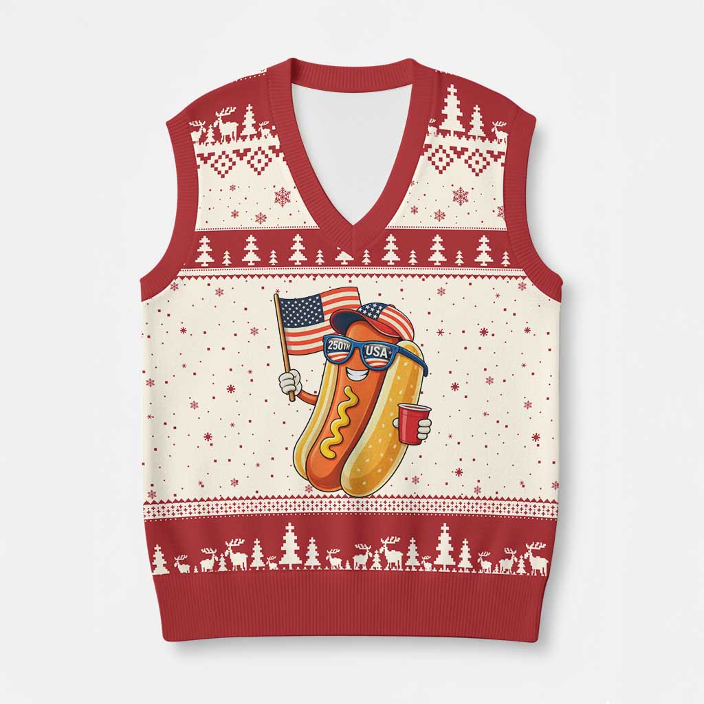 Funny Patriotic Hotdog V-Neck Knit Sweater Vest USA 250th Anniversary TS12 Beige Red Print Your Wear