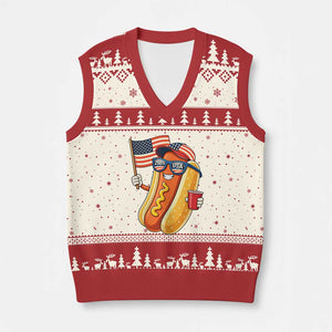 Funny Patriotic Hotdog V-Neck Knit Sweater Vest USA 250th Anniversary TS12 Beige Red Print Your Wear