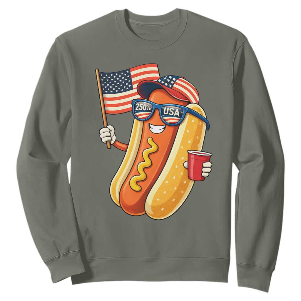 Funny Patriotic Hotdog Sweatshirt USA 250th Anniversary TS12 Military Green Print Your Wear