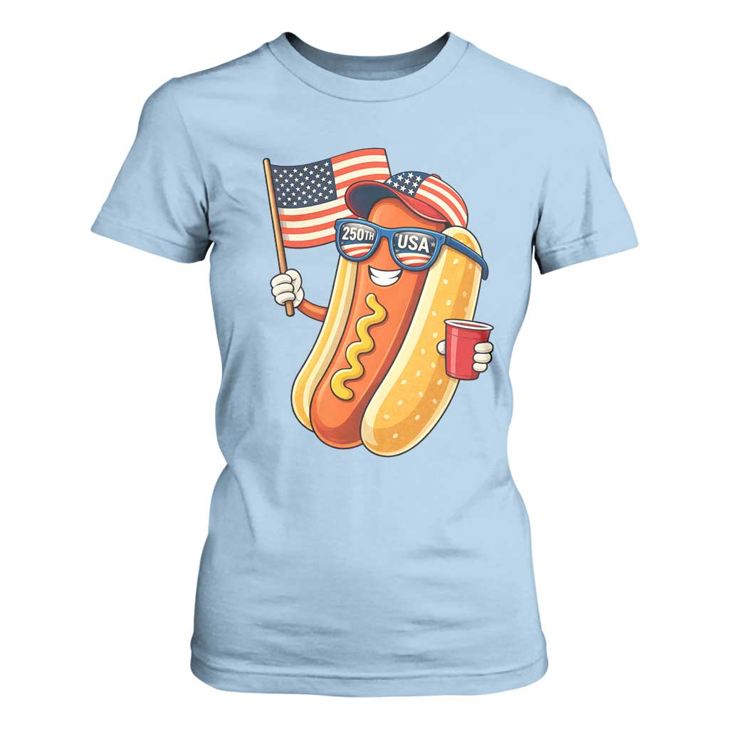 Funny Patriotic Hotdog T Shirt For Women USA 250th Anniversary TS12 Light Blue Print Your Wear