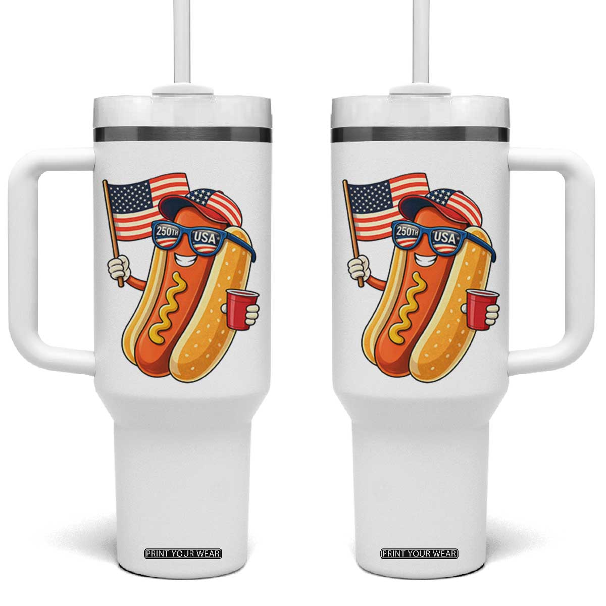 Funny Patriotic Hotdog Tumbler With Handle USA 250th Anniversary TS12 One Size: 40 oz White Print Your Wear
