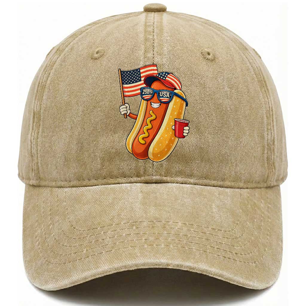Funny Patriotic Hotdog Washed Cotton Baseball Cap USA 250th Anniversary TS12 Washed Cap Universal Fit Khaki Print Your Wear