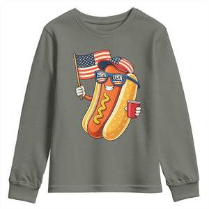 Funny Patriotic Hotdog Youth Sweatshirt USA 250th Anniversary TS12 Military Green Print Your Wear