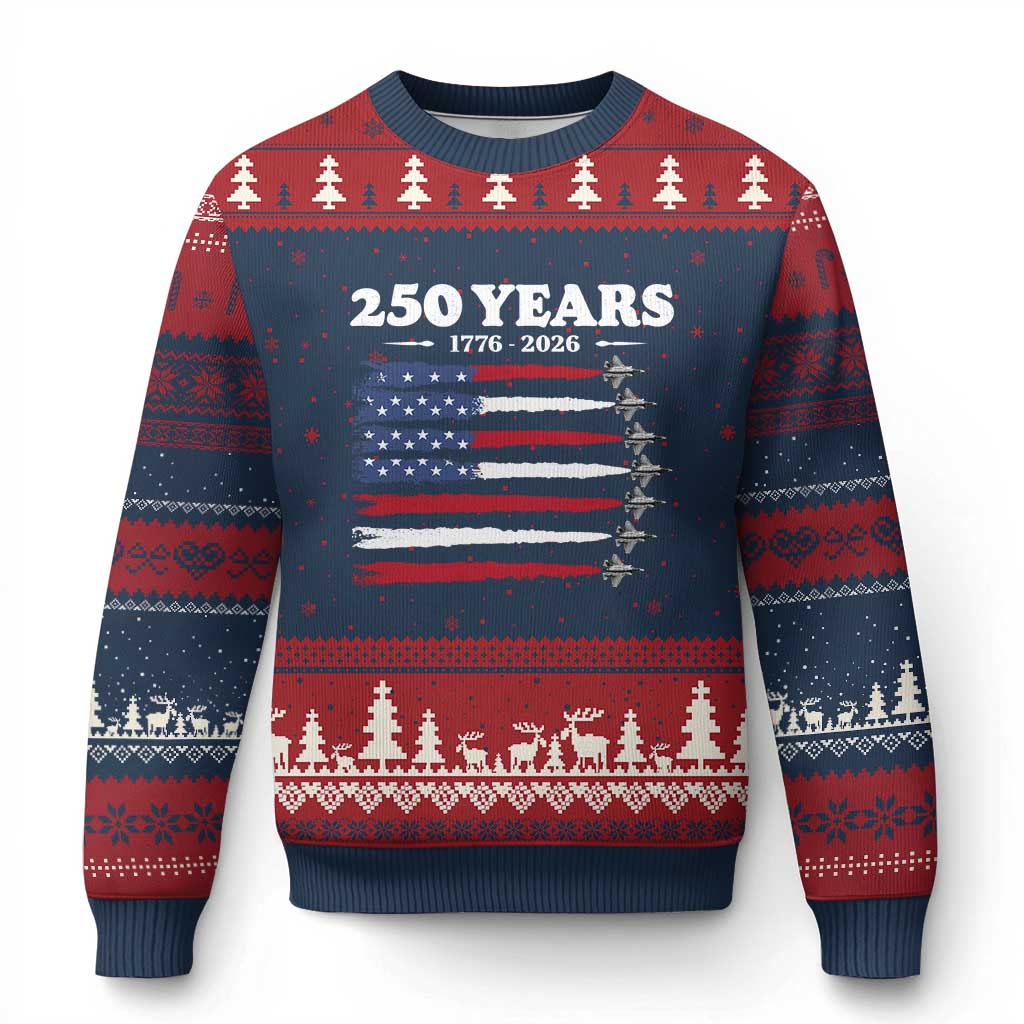 American Flag Fighter Jets Ugly Christmas Sweater USA 250 Years Of Freedom TS12 Navy Red Print Your Wear