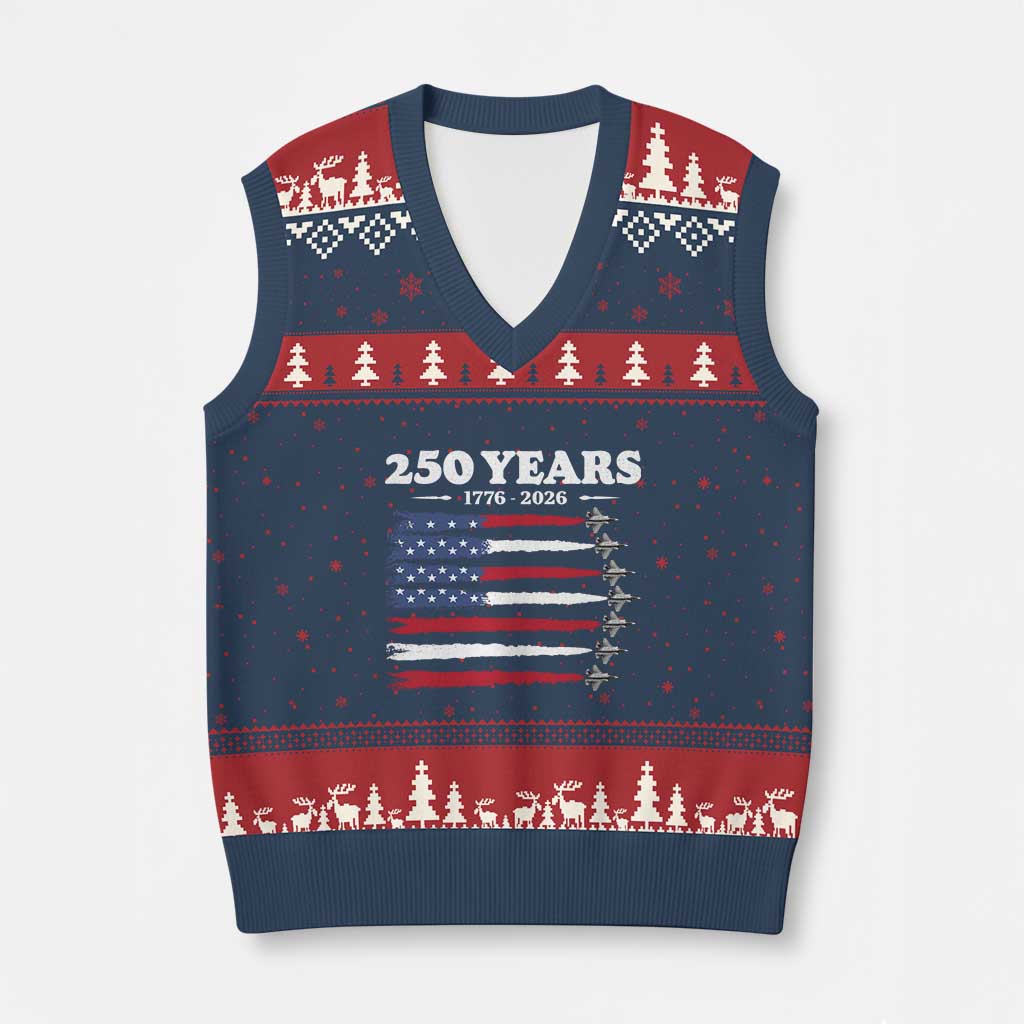 American Flag Fighter Jets V-Neck Knit Sweater Vest USA 250 Years Of Freedom TS12 Navy Red Print Your Wear